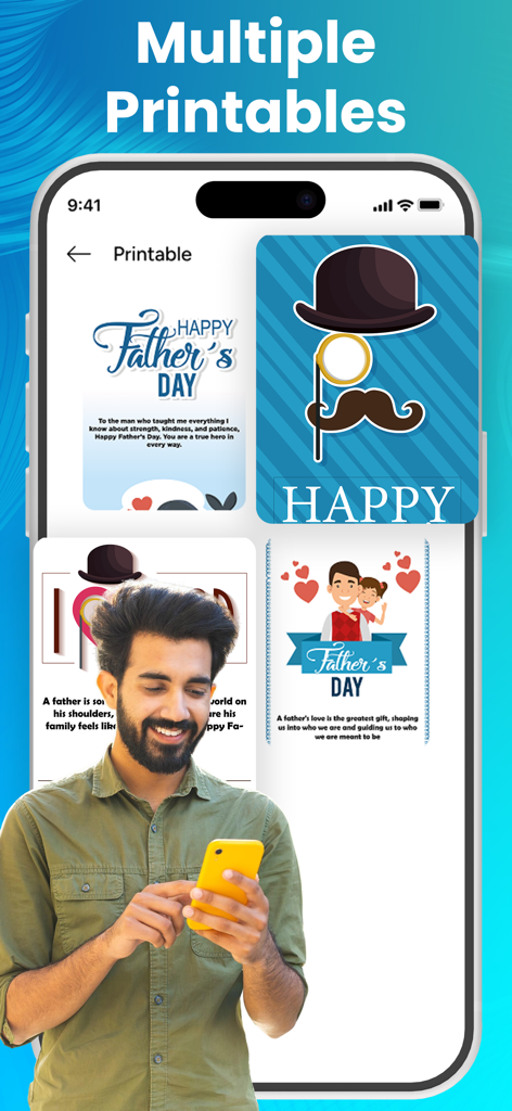 Un hombre usando la aplicación Smart Printer para buscar varias plantillas de tarjetas imprimibles para el Día del Padre