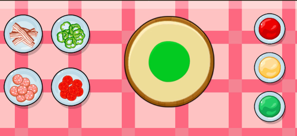 Un semplice mini gioco di preparazione della pizza con vari ingredienti per bambini in età prescolare.