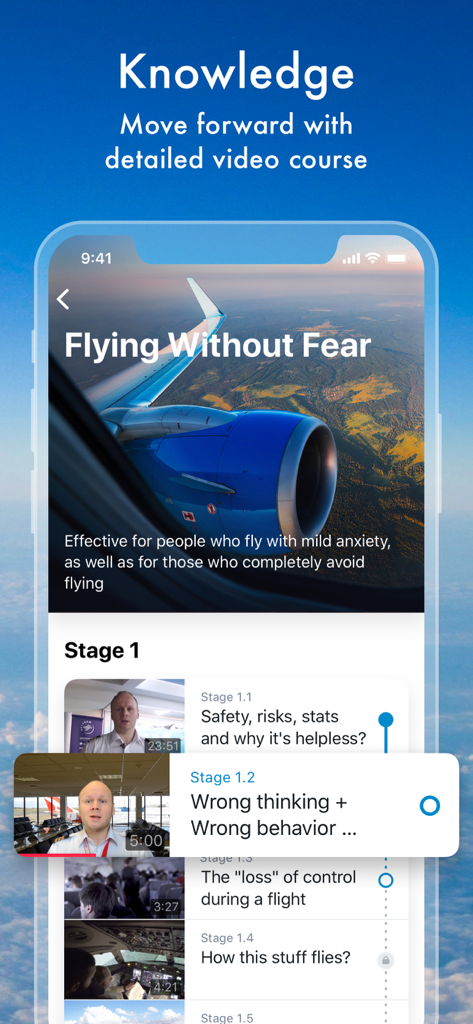 Flight Buddy: Calm Flying - Una captura de pantalla de la aplicación Flight Buddy que muestra un curso en video dirigido por expertos para superar el miedo a volar.