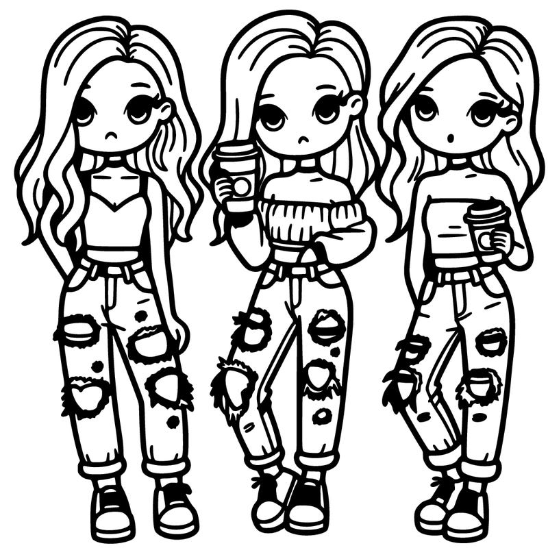 girls that are wearing ripped jeans holding a coffee