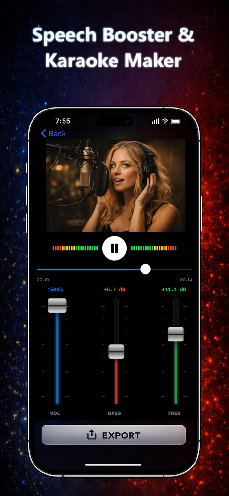 Mobile app screen showing speech booster and karaoke maker features with adjustable volume bass and treble sliders