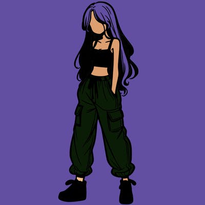 girl in baggy pants crop top and long hair