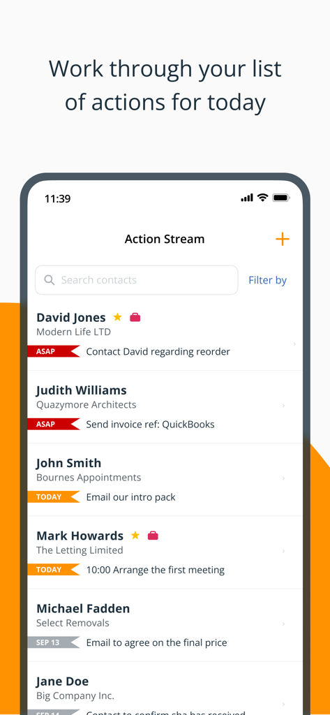 OnePageCRM - Simple CRM System - OnePageCRM mobile app showing a list of daily business follow up actions for contacts