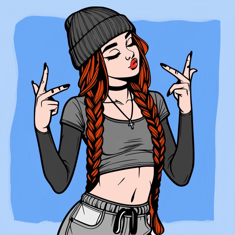 realistic teenage girl with braids and a beanie and crop top doing 🫶🏼