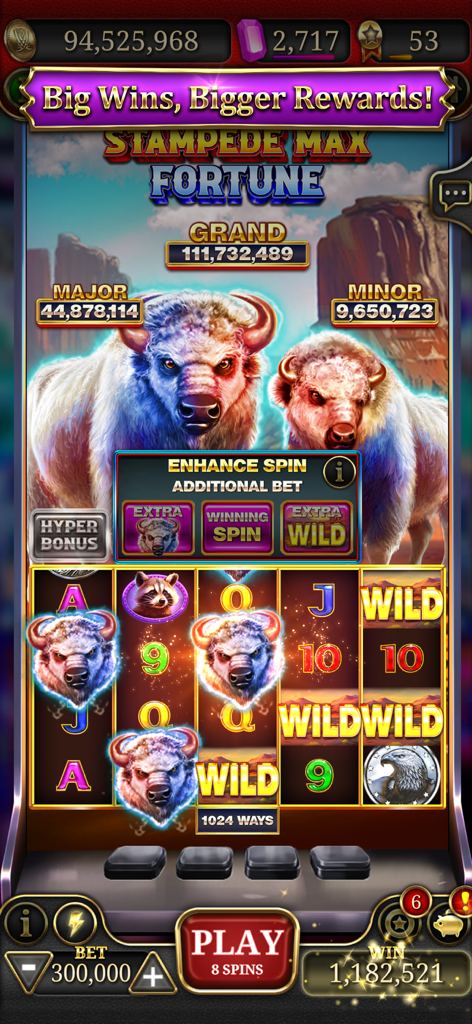 Wynn Slots - Las Vegas Casino - Stampede Max Fortune slot machine interface in Wynn Slots showing buffalo symbols and grand jackpots