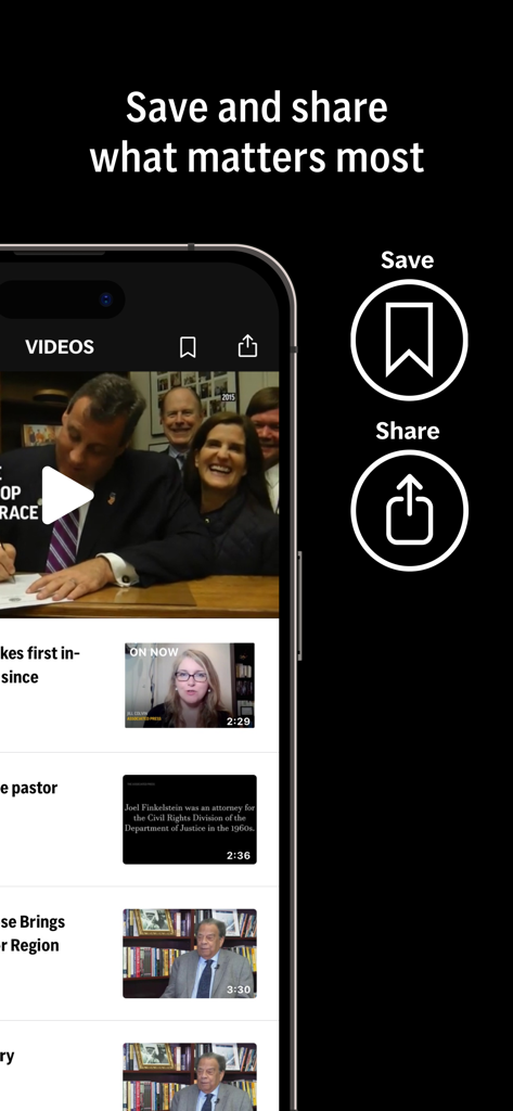 AP News - Interfaz de la aplicación AP News que muestra contenido de video con iconos de guardar y compartir resaltados.