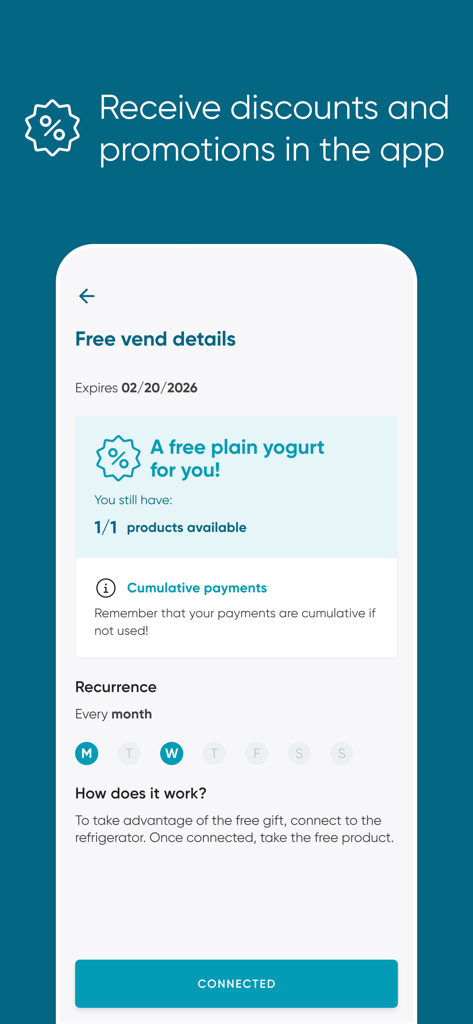 MatiPay app screen displaying a free yogurt promotion and loyalty reward details