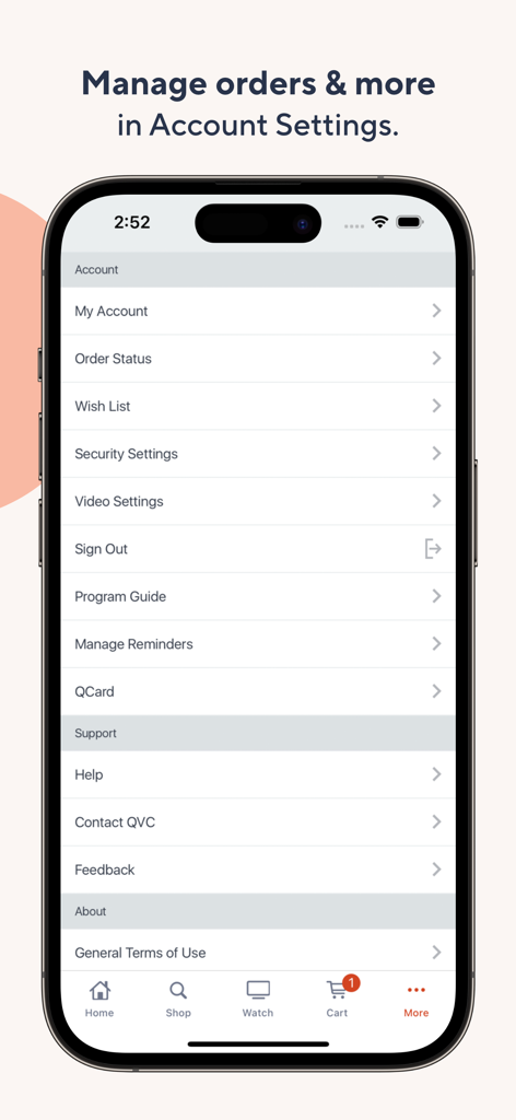 QVC Mobile Shopping (US) - QVCモバイルショッピングアプリのアカウント設定メニューに、注文状況、ウィッシュリスト、サポートなどのオプションが表示される