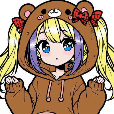 cute anime girl with ponytails and a cute bear hoodie