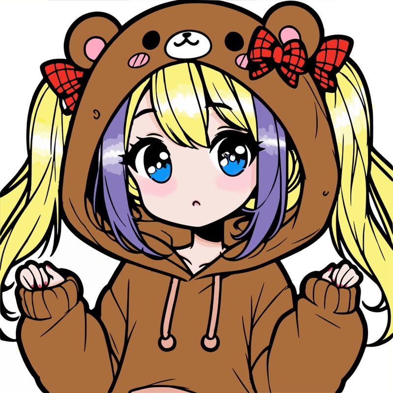 cute anime girl with ponytails and a cute bear hoodie