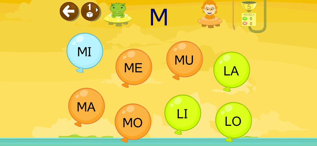 Leo con Grin FULL aprende leer - Pantalla de juego interactivo que muestra globos de colores con sílabas en español para niños que aprenden a leer