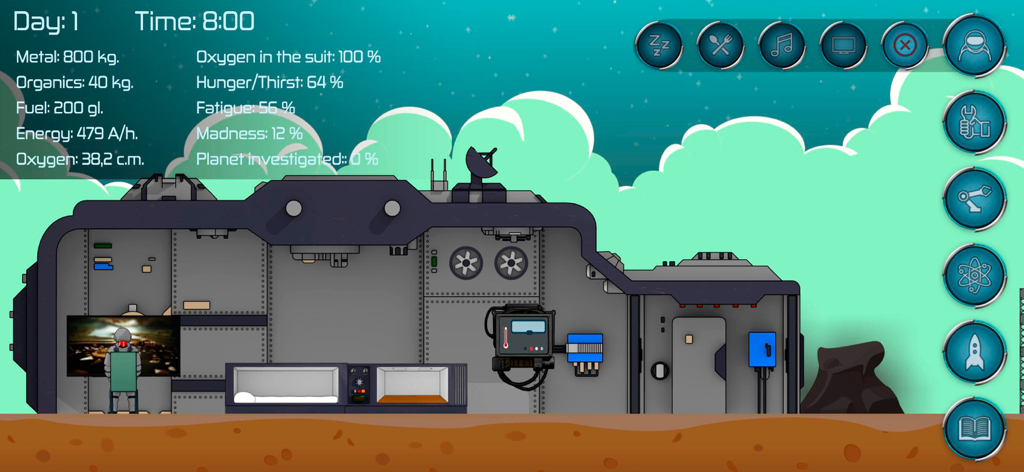 Random Space: Survival - A 2D gameplay screenshot of Random Space Survival showing the interior of a survival module with resource stats and status bars.
