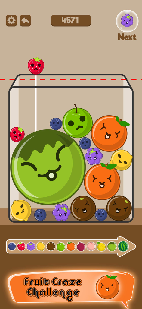 Merge Watermelon & Fruit Game - Mobile puzzle game screen showing colorful fruits with cute faces being merged in a container