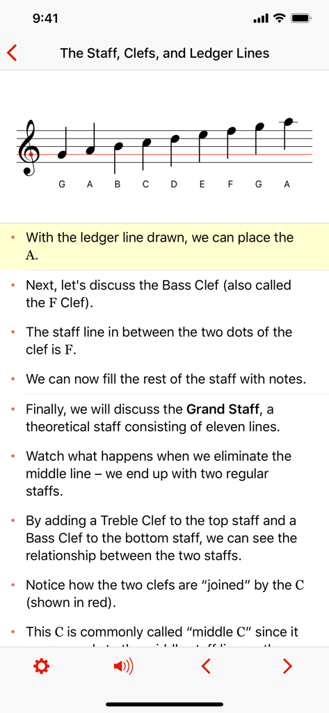 Theory Lessons - Educational music theory lesson on a digital staff with treble clef and labeled notes.