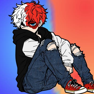 a male hoddie ripped jeans messy hair anime