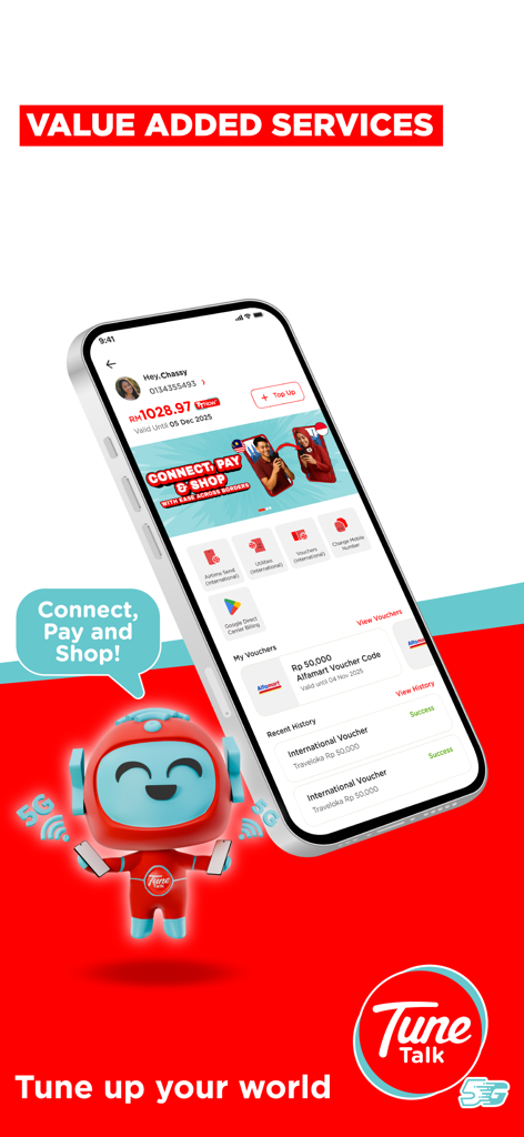 Tune Talk - Tune Talk app interface displaying value added services and international vouchers for cross-border management.