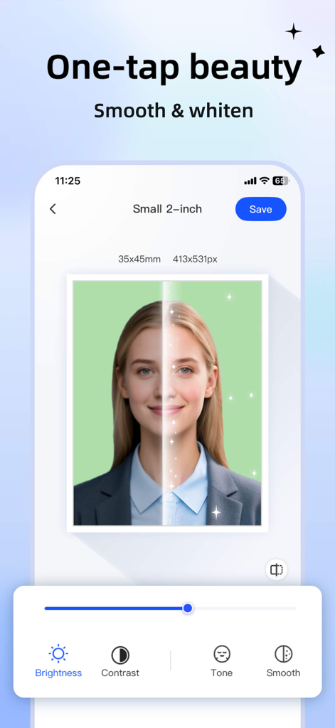 ID photo passport maker：IDCam - IDCam app interface showing a one-tap beauty feature for smoothing and whitening skin on an ID photo.