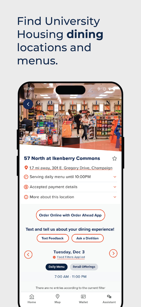 Illinois - A screenshot of the Illinois app displaying University Housing dining locations and daily menus for 57 North at Ikenberry Commons