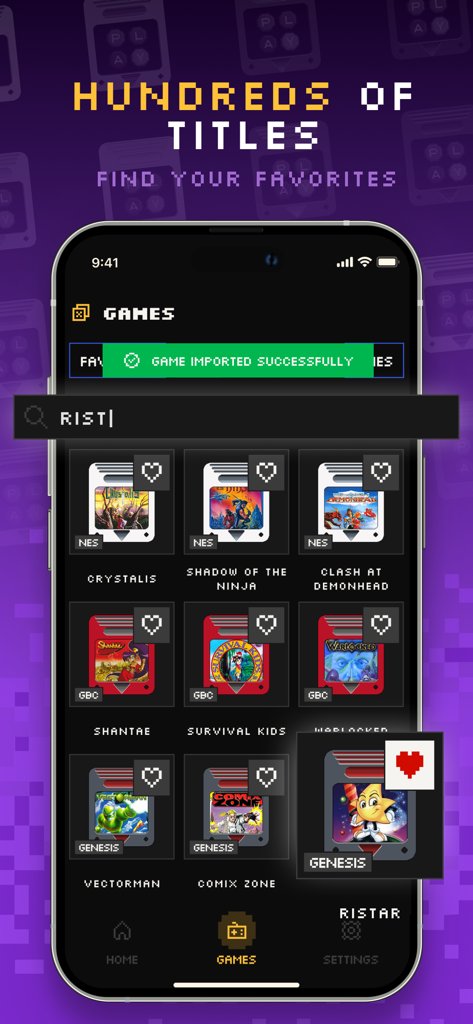 Gamebyte - The Gamebyte app interface showing a searchable library of imported retro video games with a pixel art design.