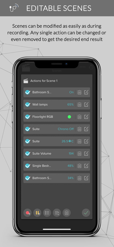 Thinknx UP - Interface of the Thinknx UP app showing the editable scenes feature for smart home automation