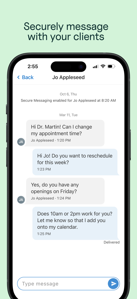 A secure, HIPAA-compliant messaging interface between a clinician and client in the SimplePractice app.