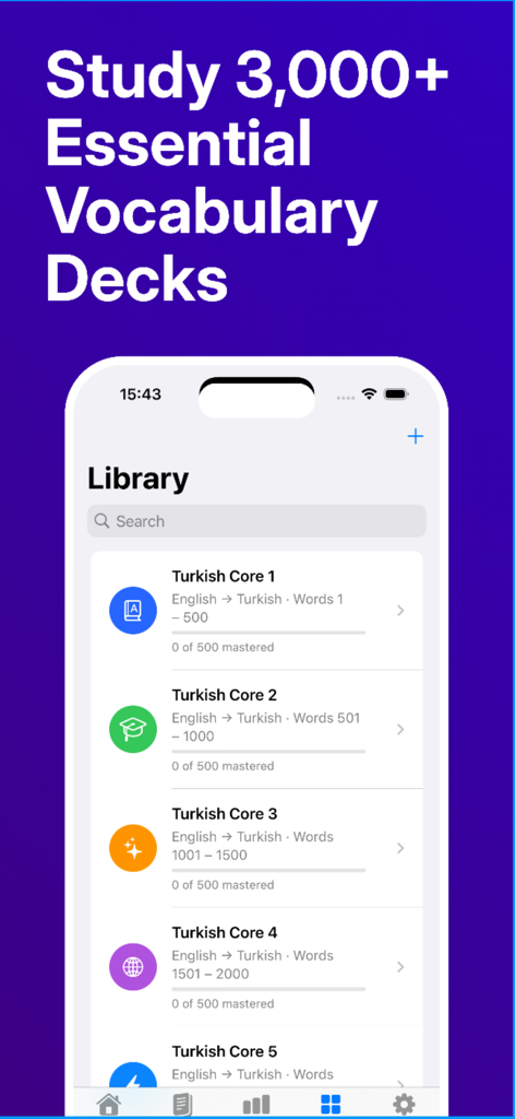 3000 Words Learn English Daily - A mobile app interface showing a library of English vocabulary decks for Turkish speakers.