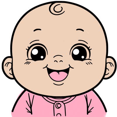 a baby smiling, big, with no teeth and a pink onesie