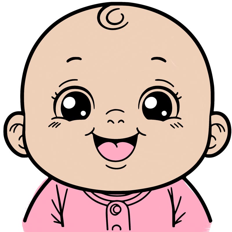 a baby smiling, big, with no teeth and a pink onesie