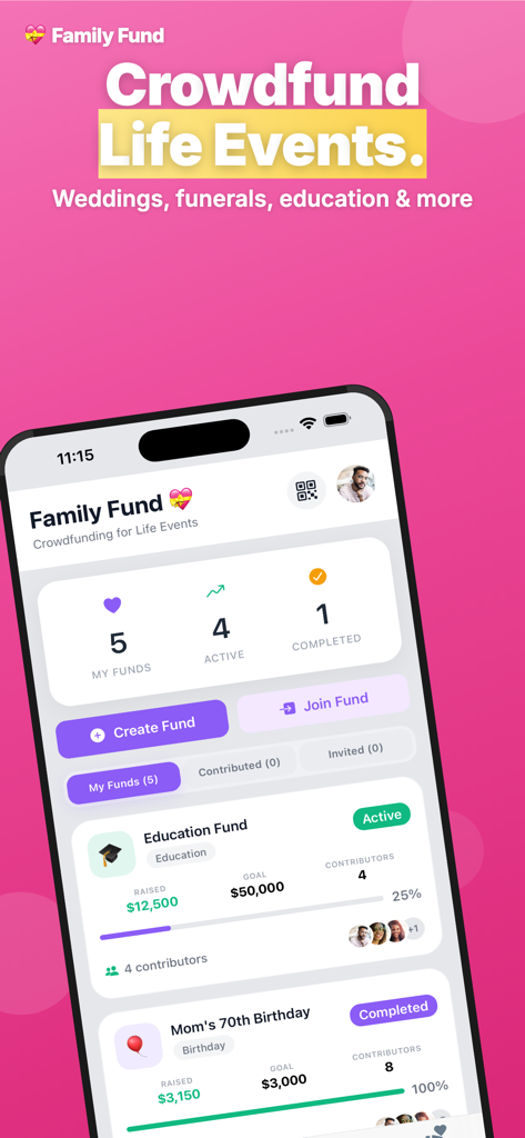SUSU Circles - SUSU Circles app interface showing crowdfunding progress for education and family event funds