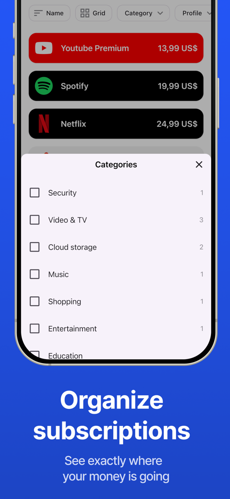 Subscription Manager: ReSubs - Mobile app screen showing a menu to categorize monthly subscriptions like Netflix and Spotify to track spending