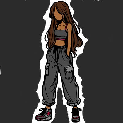 girl in baggy pants crop top and long hair