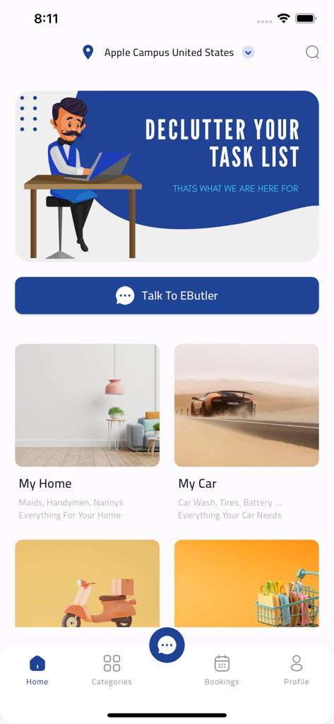 Tela inicial do aplicativo concierge E-Butler com categorias de serviços para casa e carro e um banner para organizar tarefas.