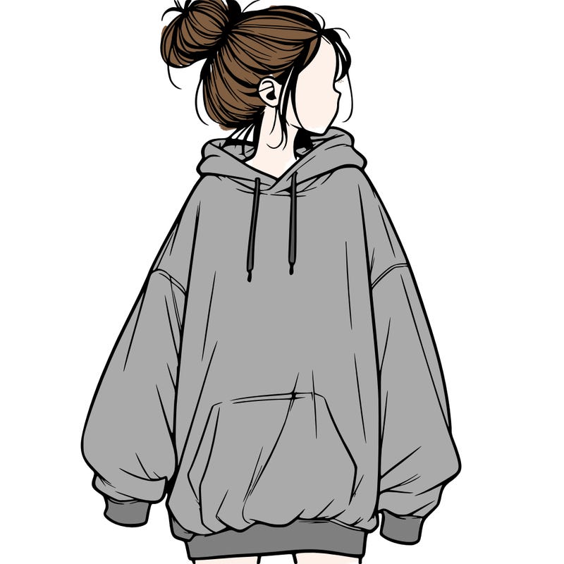 realistic girl with a oversized sweatshirt on and a bun