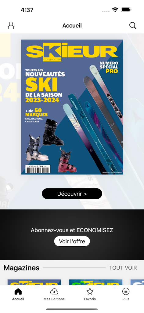 Home screen of Skieur Mag app featuring a ski gear magazine cover and subscription offer