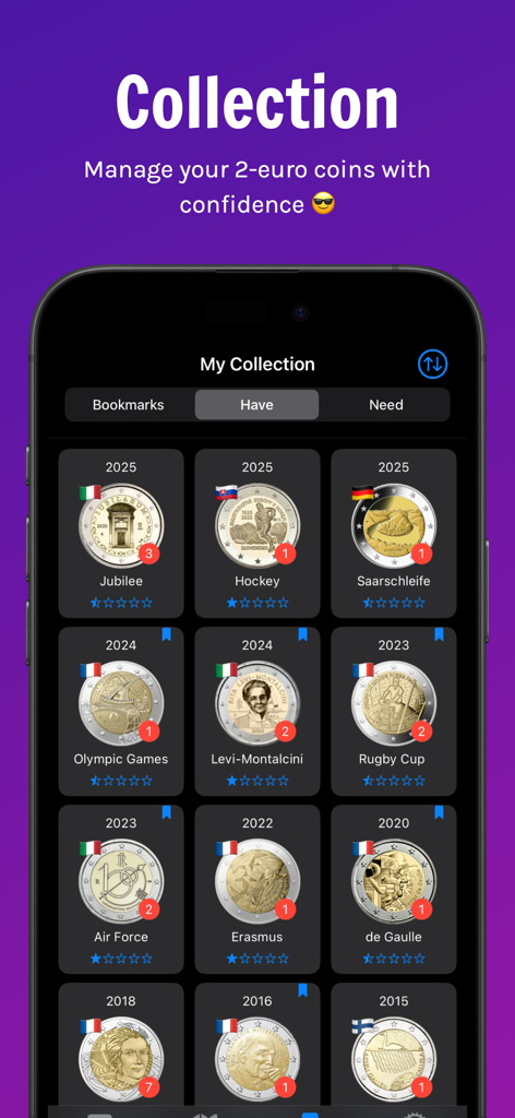 2 Euro - A mobile app interface displaying a curated collection of commemorative 2-Euro coins organized by year and country.