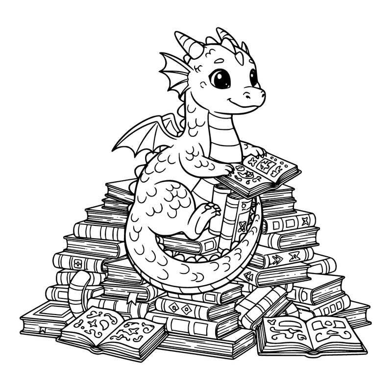 cute dragon with a hoard of books