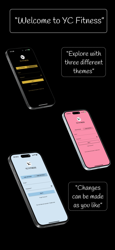 Three iPhones displaying different color theme options for the YC Fitness app login screen