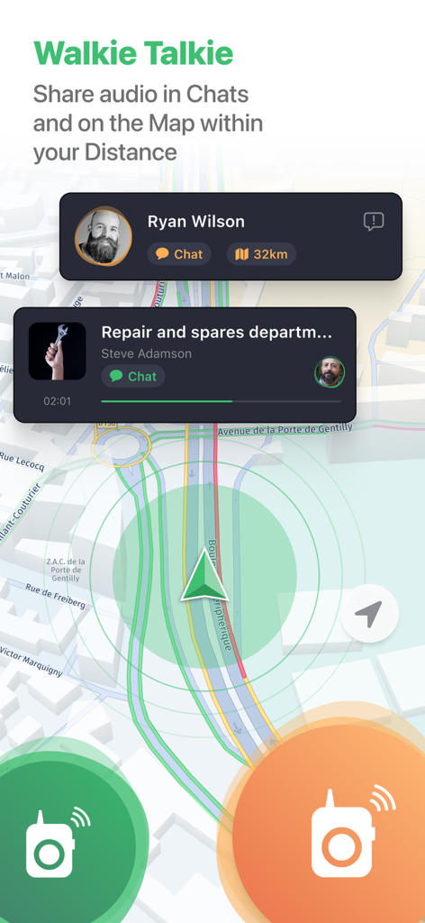 Roolz Navigation for Truckers - LKW-Navigations-App, die die Walkie-Talkie-Funktion mit Sprachchat in der Nähe auf einer Karte anzeigt