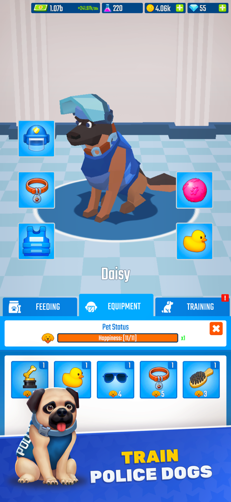 Un perro policía llamado Daisy en el menú de equipo y entrenamiento del juego Police Department Tycoon.