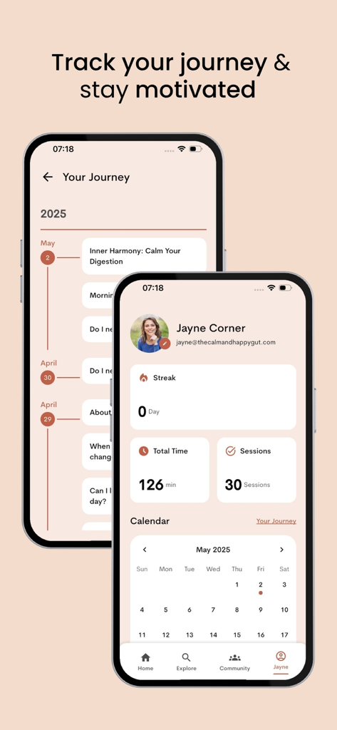 The Calm Gut: IBS Hypnotherapy - Two iPhone screens showing the progress tracking features of The Calm Gut app including a session timeline and a personal dashboard with therapy statistics and a calendar