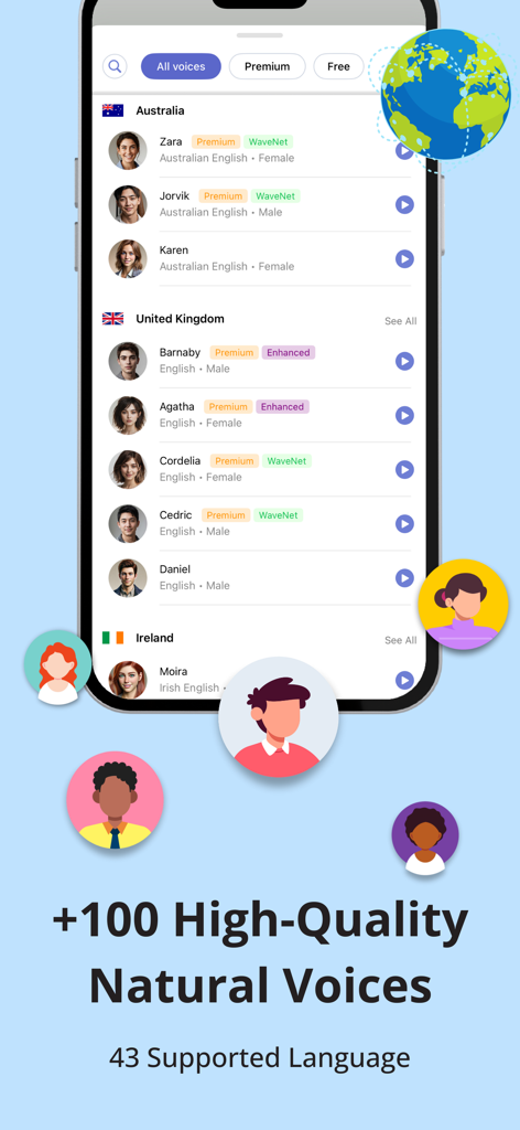 AI Reader: Text To Speech - AI Reader app screen displaying a list of natural human voices categorized by country and language