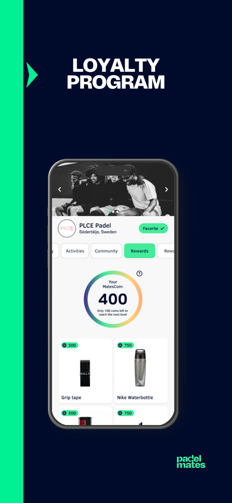 Padel Mates app loyalty program screen showing reward points and available sports gear items