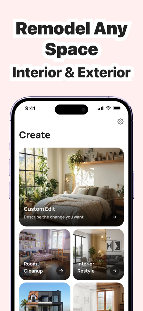 AI Home Remodel – Dekor - The Dekor app interface displaying options for AI powered interior and exterior home remodeling.