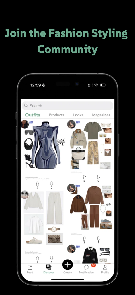 Lookbooks - Express Creativity - A mobile interface of the Lookbooks app showing a feed of curated fashion outfit collages and mood boards