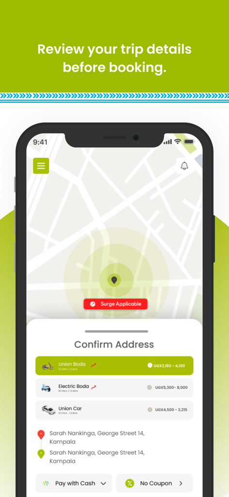 Union: Request a Ride - Pantalla de smartphone que muestra la página de confirmación de viaje de la aplicación Union con un mapa y opciones de vehículos, incluyendo Boda y Coche en Kampala, Uganda