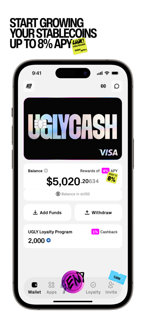 Screenshot der mobilen UGLYCASH-App, der eine Visa-Karte und den Kontostand mit hohen Jahresbelohnungen zeigt