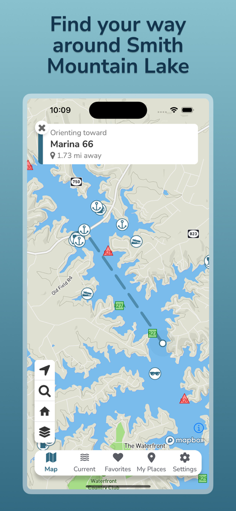 Float SML - Interfaz de navegación de la aplicación Float SML mostrando un mapa de Smith Mountain Lake con marcadores de marinas y una ruta a Marina 66.