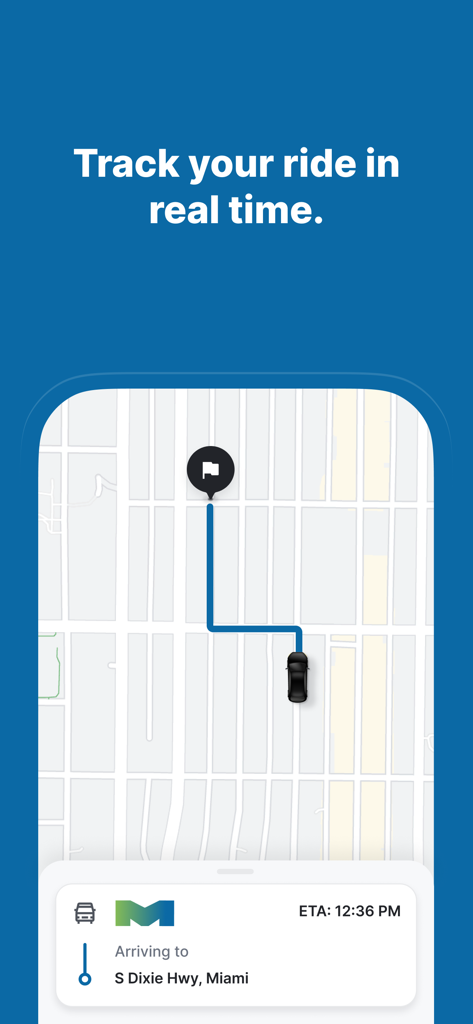 MetroConnect Miami-Dade - MetroConnect Miami-Dade app screen showing real-time ride tracking on a map.