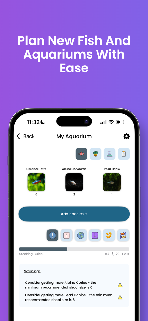 Fishi: Aquarium Manager - The Fishi app interface displaying aquarium stocking levels and species compatibility warnings