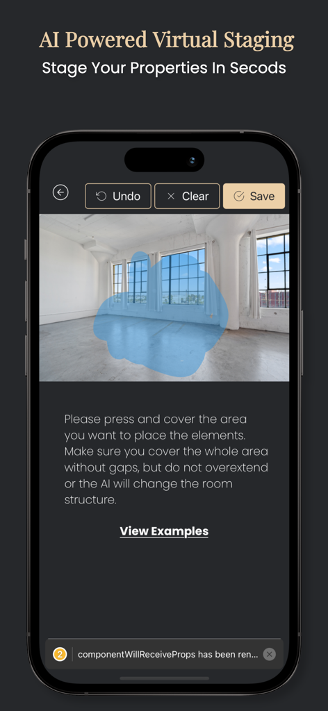 Smartphone interface of Stager AI app showing an empty room with a highlighted floor area for virtual furniture placement